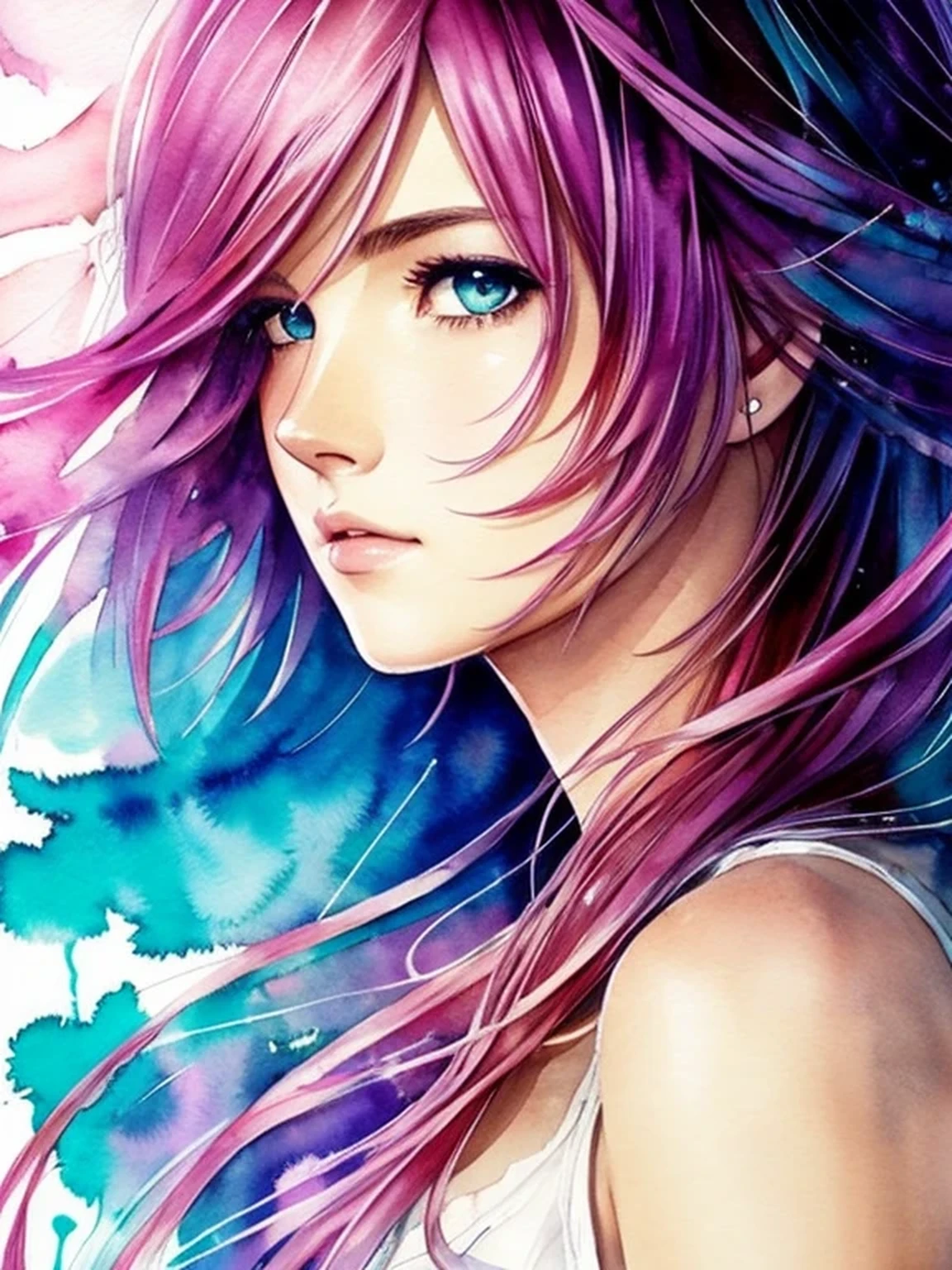 (((Agnes Cecile:1.3, watercolor))), breathtaking beauty, precise lineart, glowing design, ink drops, Final Fantasy XIII Character Lightning (Claire Farron) , centered, key visual, intricate, highly detailed, breathtaking beauty, precise lineart, vibrant, comprehensive cinematic, ((Carne Griffiths, Conrad Roset)), autumn lights, (the most beautiful portrait in the world:1.5)
