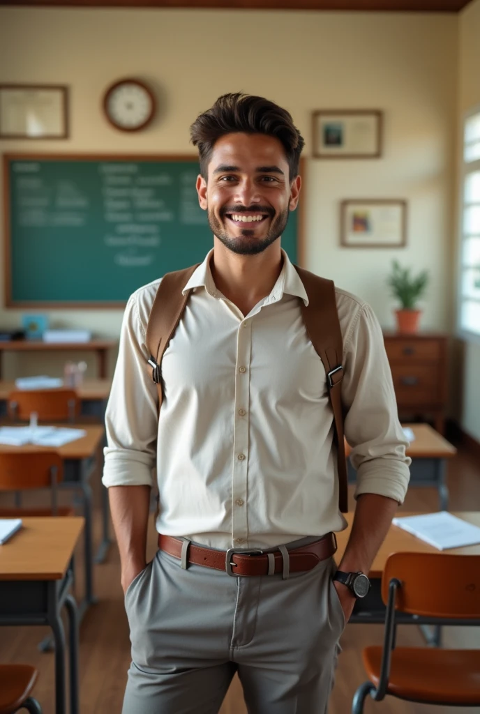 A Mexican man on his first day of university, the brown-haired man, about 20 years old, in a classroom