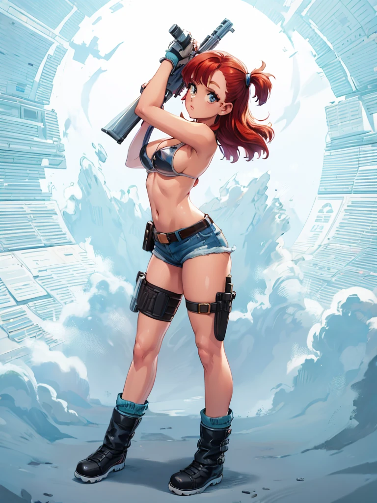 1girl, solo, gun, weapon, shorts, swimsuit, bulma, holster, boots, bikini, red hair, gloves, breasts, one side up, bikini top only, shorts, thigh holster, shorts, short shorts, cleavage, navel, medium breasts, handgun, full body, long hair, midriff, belt, thigh strap，(see through)
