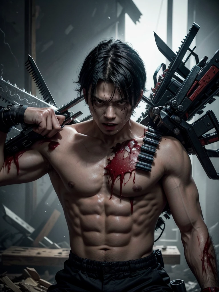 Denji como o Chainsaw Man, in a fierce combat pose, with his head transformed into a chainsaw and blades coming out of his arms. Capture the intensity of the moment with bloody details on the blades and the savage expression on his face. The background should be chaotic, with pieces of demons scattered around, highlighting the brutality of their struggle. Use vibrant colors and strong contrast to highlight the character's violent, uncontrolled energy.