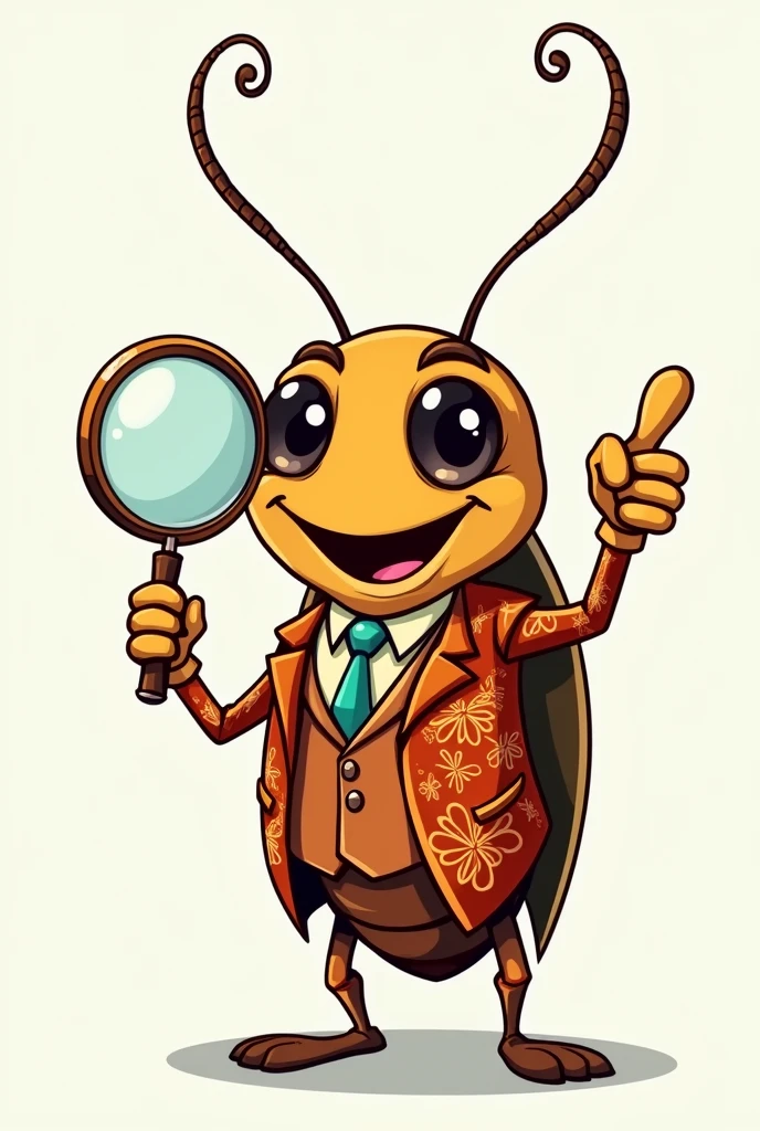 funny cartoon image of a roach with human characteristics, smiling and wearing a flowery suit and holding a magnifying glass covering one eye, signaling with the thumb of the other hand
