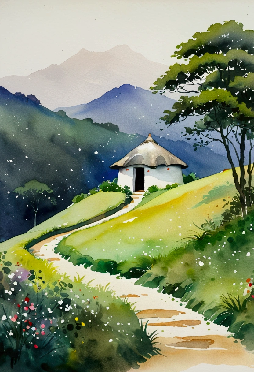 Simple watercolor,Dot,A small thatched hut on a winding path,Minimalism。(((Negative Space,Large area of blank, Bottom left corner composition)))