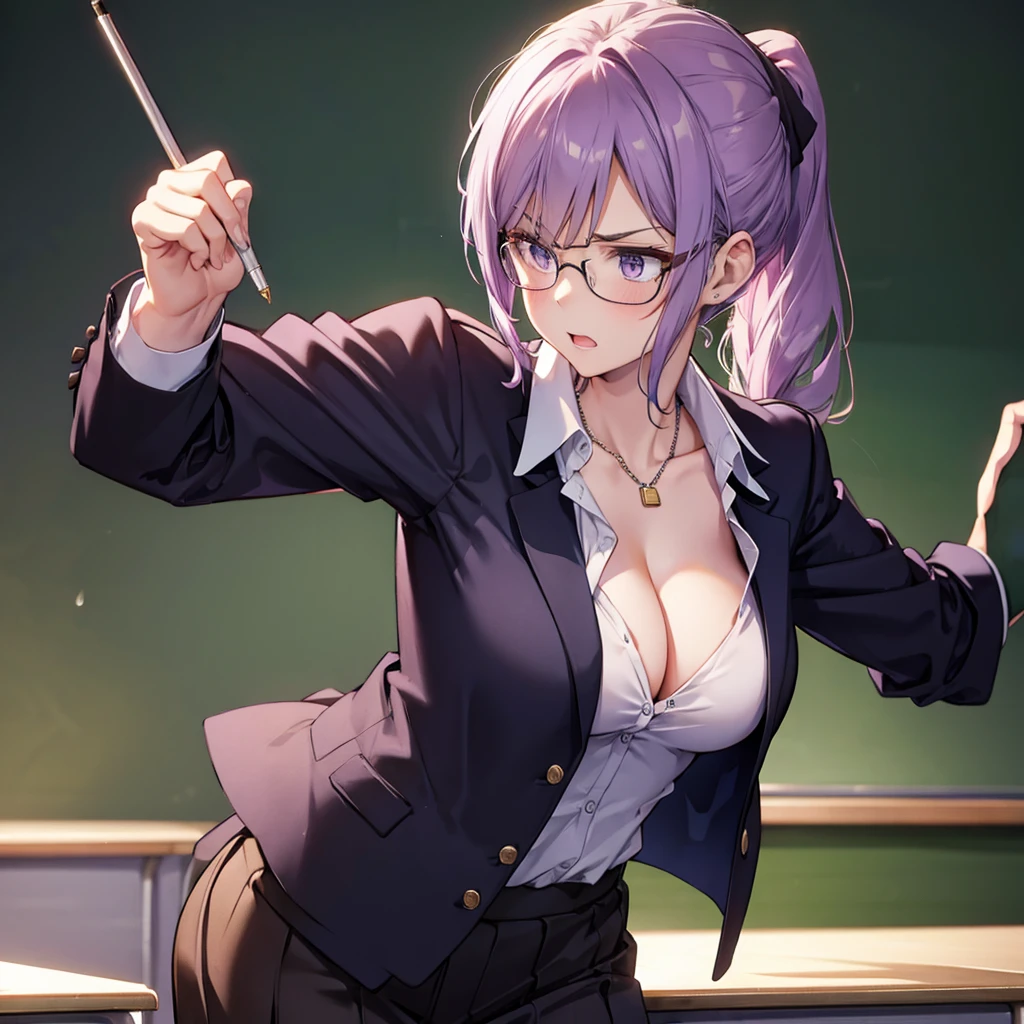 ponytail,(((Cleavage))), ((((((teacher, adult woman)))))), (((solo))), purple hair, suit, shirt, (((look down))), angry, whip, brown skirt, Slender