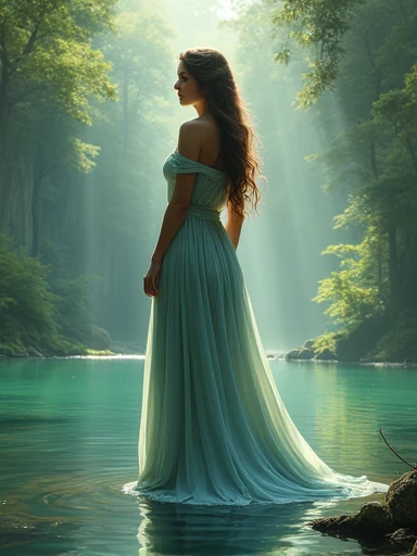 a beautiful woman standing in a serene lake, long flowing dress, flowing hair, elegant pose, fantasy landscape, lush vegetation, calm waters, dramatic lighting, fantasy art style, detailed portrayal, photorealistic, 8k, high quality, refined digital painting