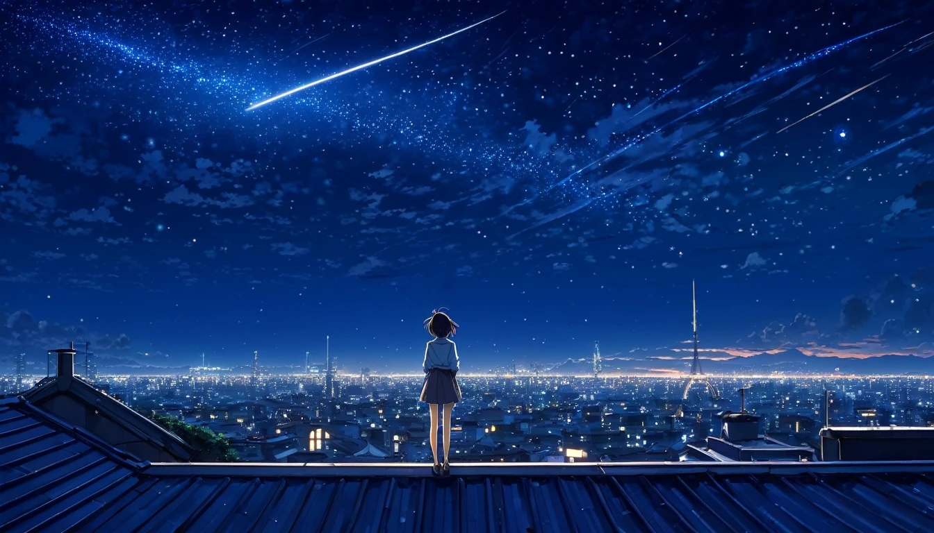 Anime girl standing on a rooftop looking at the starry night sky, anime wallpaper 4k, anime wallpaper 4 k, 4k anime wallpaper, Anime Art Wallpaper 8 K, anime art wallpaper 4k, anime art wallpaper 4k, animation style 4k, makoto shinkai cyril rolando, 4k cartoon wallpaper, anime wallpaper, amazing wallpaper, shooting star