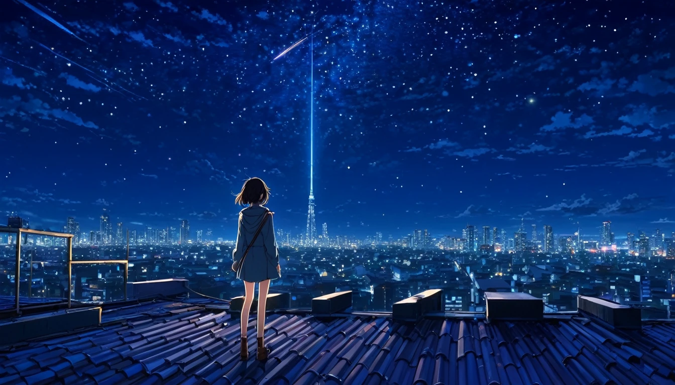 Anime girl standing on a rooftop looking at the starry night sky, anime wallpaper 4k, anime wallpaper 4 k, 4k anime wallpaper, Anime Art Wallpaper 8 K, anime art wallpaper 4k, anime art wallpaper 4k, animation style 4k, makoto shinkai cyril rolando, 4k cartoon wallpaper, anime wallpaper, amazing wallpaper, shooting star