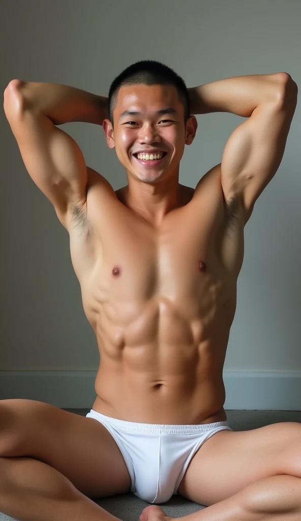 A young muscular Asian man, wearing white thong, sitting with legs wildly opened, big bugle, handsome, sexy , buzz cut hairstyle, smiling to camera, raising his arms , hairless skin.