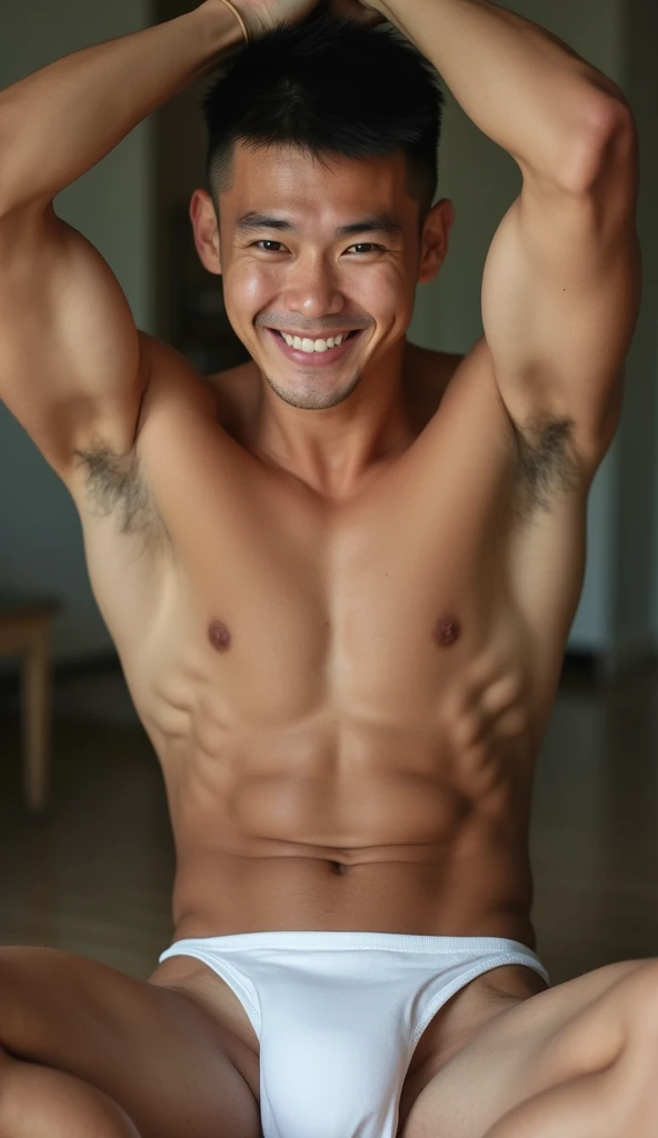 A young muscular Asian man, wearing white thong, sitting with legs wildly opened, big bugle, handsome, sexy , buzz cut hairstyle, smiling to camera, raising his arms , hairless skin.