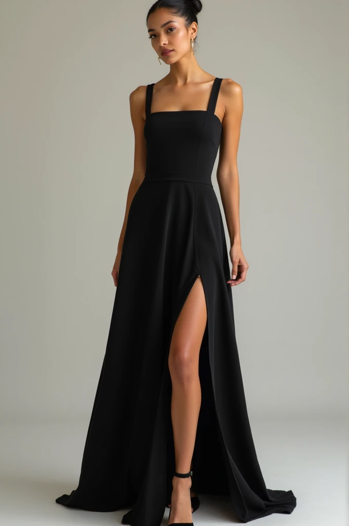Black Midi Dress, Square neckline, sleeveless, wearing a crepe dress, and flowy with a slit that starts in the middle of the thigh, a Brazilian brown girl with a bun