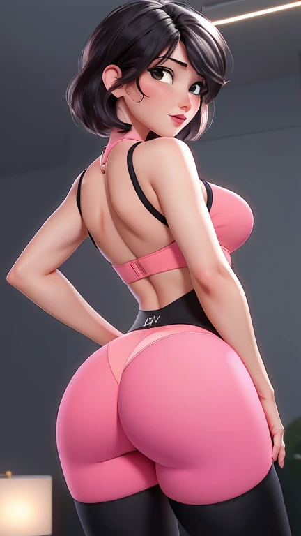(best qualityer:1.4), body focus, (cute face), work of art, ultrarealistic, (((best qualityer))), ((comely Finger)), Gorgeous character design, ,lighting perfeita, colorfully, Ablaze_front_face_lighting, ultra high resolution, high resolution, absurderes:1.2, bokeh:1.2, Lens flare, (Vibrant_colour:1.2), (comely, medium breasts:1.2), (thick-thighs:1.1), thick,
Animated female character, black hair, sideways, Pale skin, face covered by hair, ((wearing tight lycra shorts sexy)), ((wearing ultra-tight pink lycra shorts)), open legs, ((sexy lingerie)), silver necklace, wrinkles, Red lips, long hair, big ass view, ((view from the back)), ass view, emphasize the back, side, ((emphasis on the buttocks))