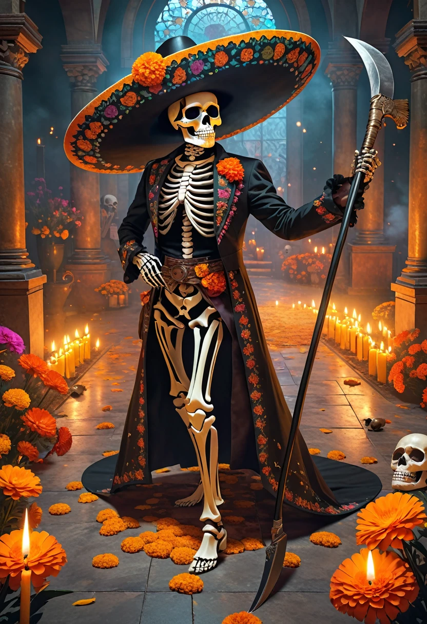 (masterpiece, best quality:1.1),the skeleton gentleman, wearing a sombrero and mariachi costume, face looks like a Calavera skull,skeleton hand,skeleton body,arrogant, holding a large scythe, marigold, candles,cool posing,mexican secret chamber,(dia de los muertos),(Glowing magic-circle drawn on the floor, smoke,)