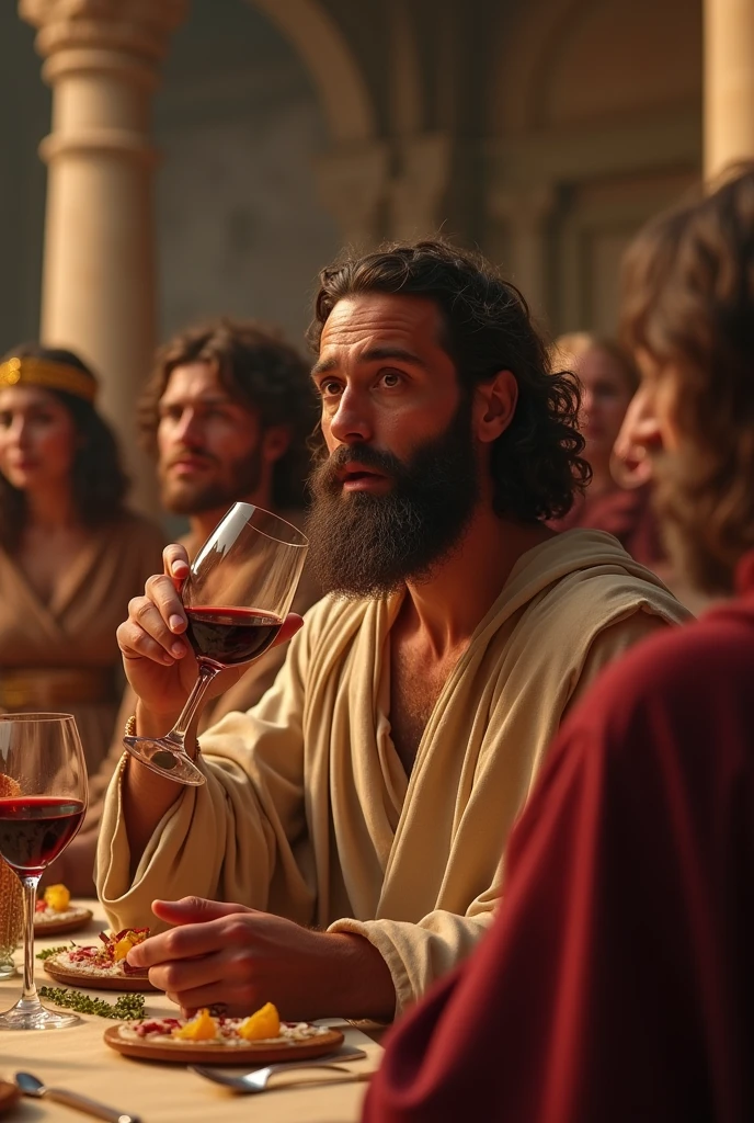 The master of the banquet at a wedding in Cana, Galilee, tasting wine from a goblet with a look of surprise and delight. The setting is a lively wedding feast with guests enjoying themselves in the background, and the wine is rich, deep red, symbolizing its excellence