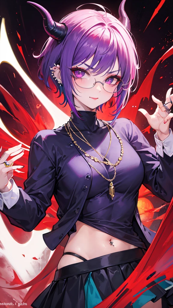 8k, masterpiece, best quality, highly detailed, 1 girl, tiefling, warlock, pixie cut, multicolored hair, very short straight hair red highlight hair on white hair, strippled hair, wearing glasses, round glasses, earrings, navel piercing, red eyeshadow, long eyelashes, blushed cheek, red lips, pearl necklace, rings, collarbone, mole on face, glamorous, teal and purple clothes, miniskirt, smirk, close up view, rings, looking at viewer, demon horns, solo, blood red moon, standing, royal dress, chains, firing fire blast