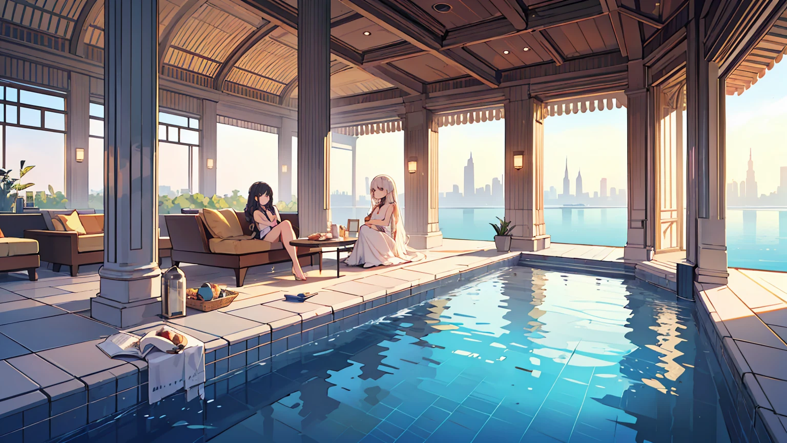 (masterpiece, best quality),2 women, different hair colors, different faces,letterboxed, perfection of fashion,chapped lips, sleeveless,dress,upper body, from the side,Infinity Pool,The horizon is reflected,Lounge Chair,marble floor,Advanced Table,Dubai Tower Transparent Infinity Pool,