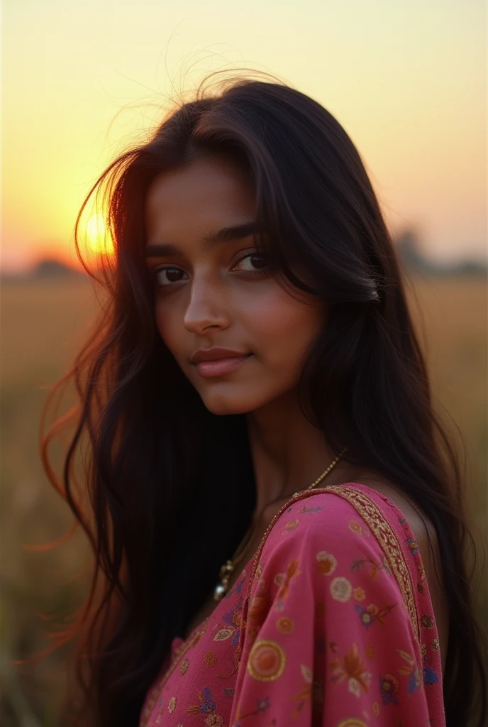 23 year old young Indian college woman, black eyes, extremely beautiful, long black hair, shot on Kodak gold 400. pastel colors. hyperrealistic, 8k, best quality, masterpiece, pink highlights on hair, seductive, young look, slight smile. in India, Indian field, sunset, looking in camera