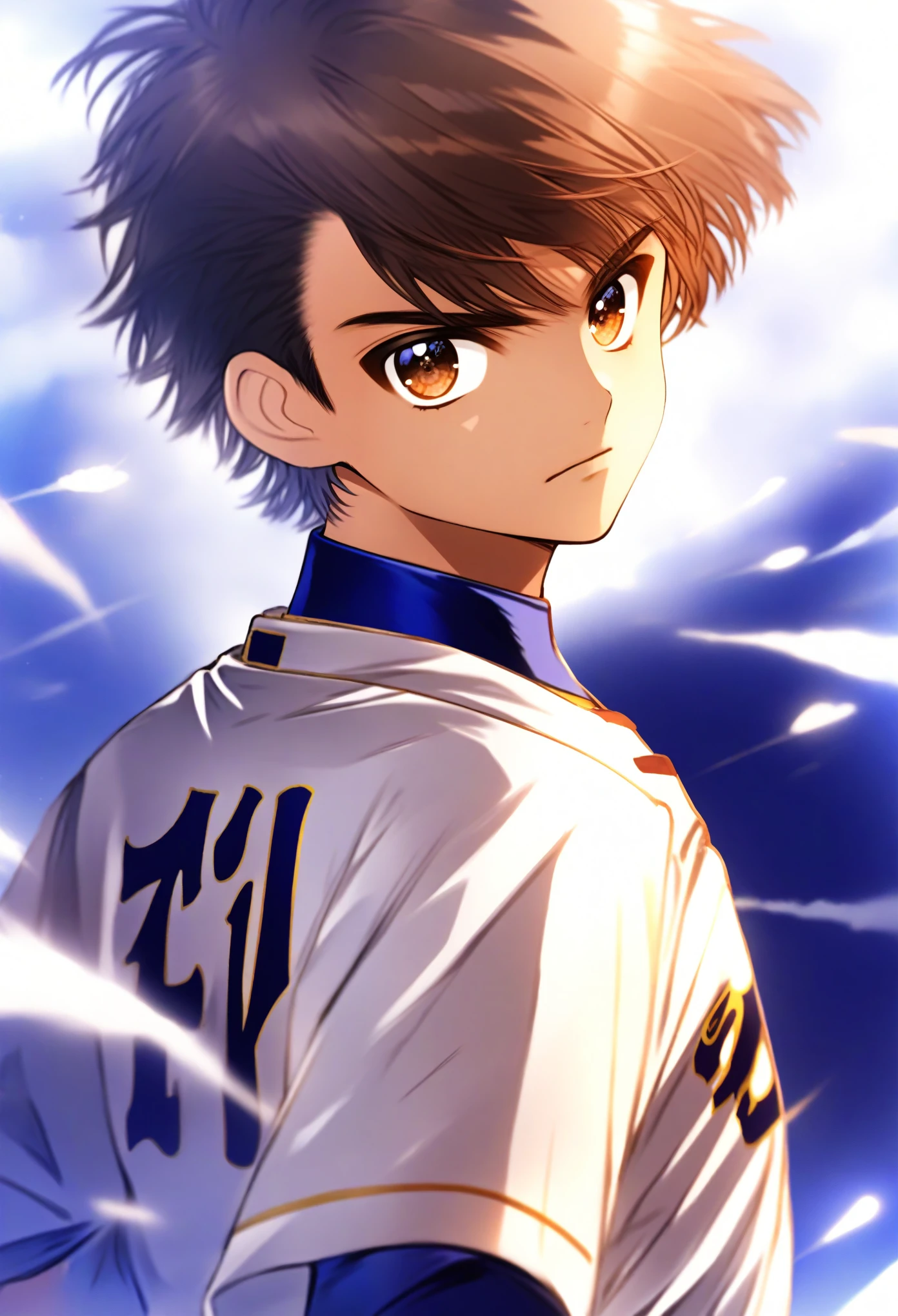 score_9, score_8_superior, score_7_superior, sauce_anime, Rissawa Pony, Sawamura Eijun \(Ace of Diamonds\), One boy, Brown Hair, Portraiture, View your viewers, Baseball uniforms, Expressionless, Wind Effects, Cowboy Shot