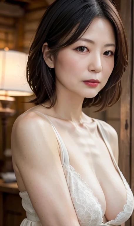 masterpiece, Highest quality, High resolution, Photorealistic, RAW Photos, 8k wallpaper, perfection, Professional Lighting, Outdoor, Very detailed, Written boundary depth, Pale plain background, ((One beautiful woman, Japanese Mature)), (48 years old)), Sexy Woman, Detailed face, Beautiful Eyes, bangs, Shapely breasts, Light brown straight hair, Faint lips, ((Stand in front、Gazing at the viewer、Serious face eyes。)), White Dress, Cowboy Shot。