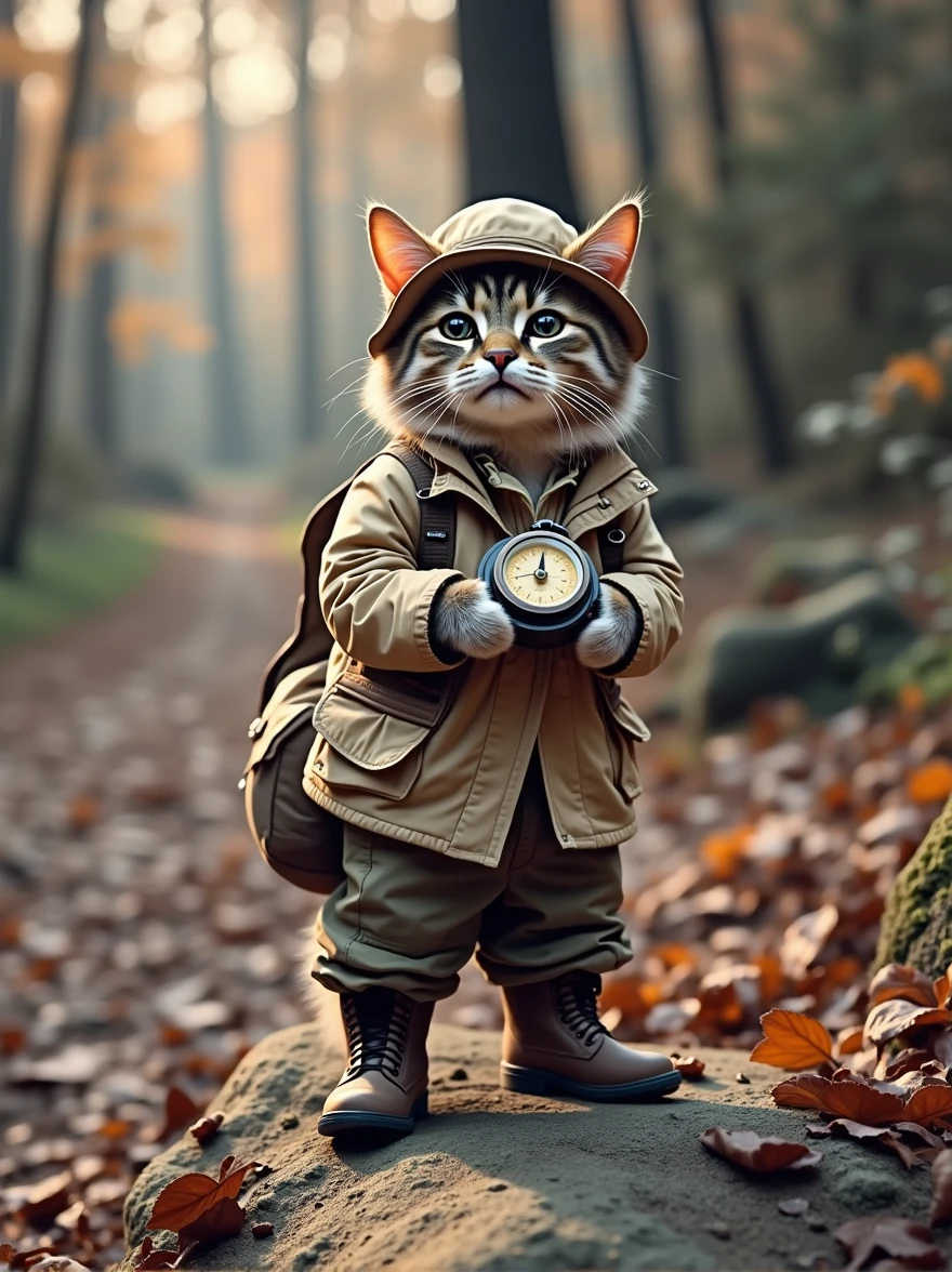 The cat is dressed as an explorer, wearing a khaki jacket and camouflage pants, paired with a small hunter's hat and little boots. It holds a compass, standing at the edge of a forest, with dense trees and a faint path ahead.