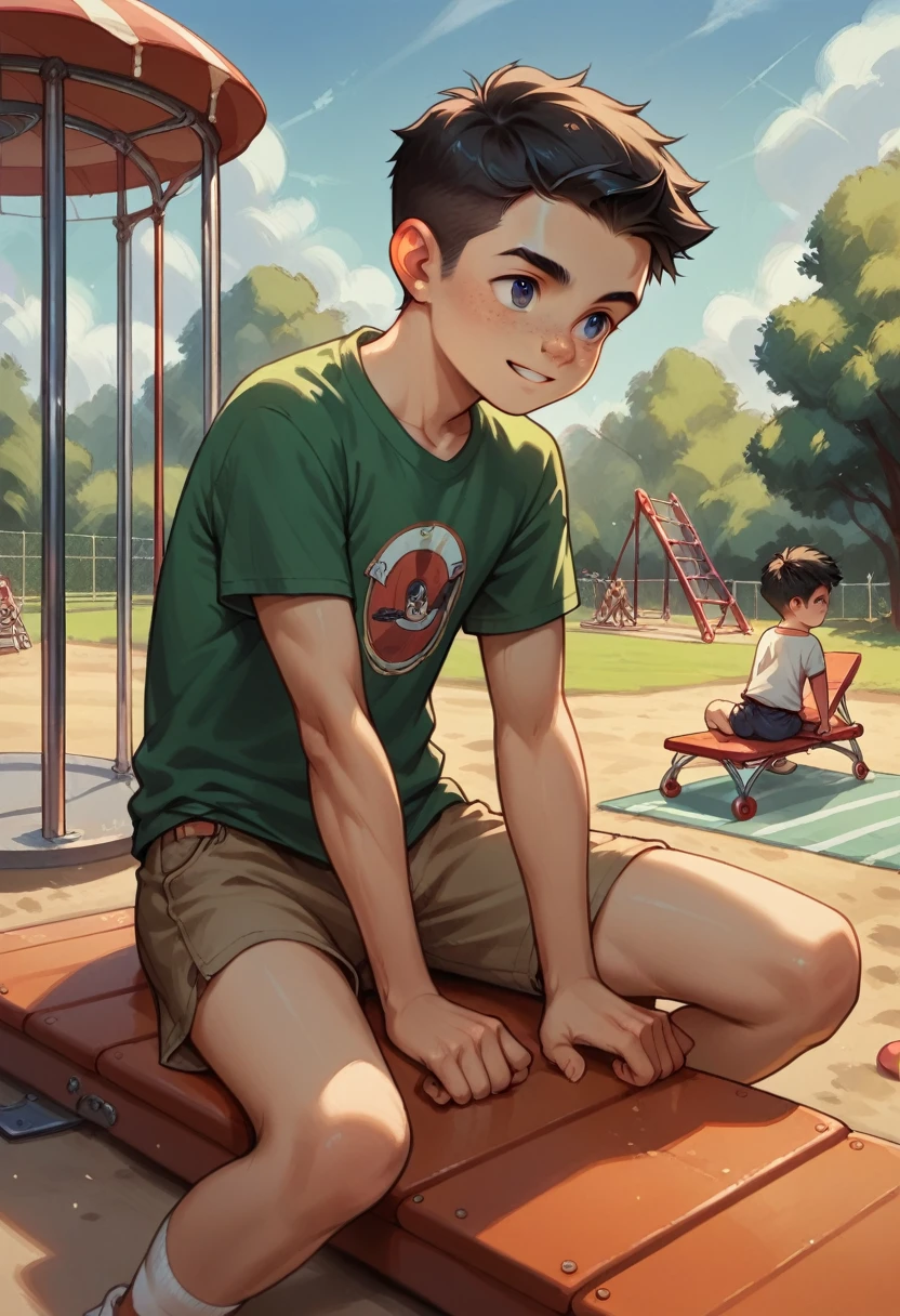 Shota Jimmy Watson boy black
hair casual clothes alone on playground
