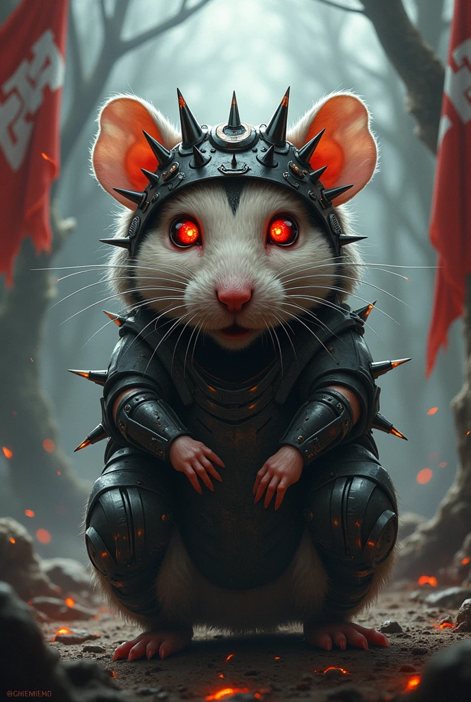 Portrait d'un hamster cybernétique, les yeux injectés de sang, portant une couronne d'épines en métal. Il est entouré de symboles celtiques et les drapeaux de la Bretagne et de la France sont déchirés en lambeaux derrière lui