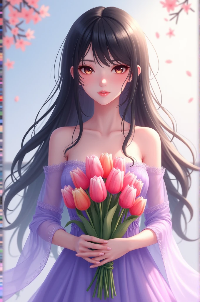 a anime digital art women with black hair, dark brown eyes, wearing a color lavander gown with a little bit glitters, she is holding a boqoue of tulips