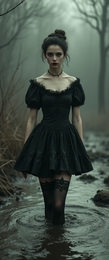 19 century setting, drama, stuck in bog,short high-neck closed dress, mini-dress, hips, high-neck dress, aristocratic hairstyle, stockings with garters, red lips, goth, aristocratic behaviour