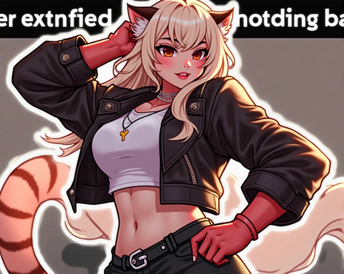 Anthro female bengal tiger with long vanilla colored hair, wearing white crop top, black biker jacket, black jeans and silver belt looking at viewer