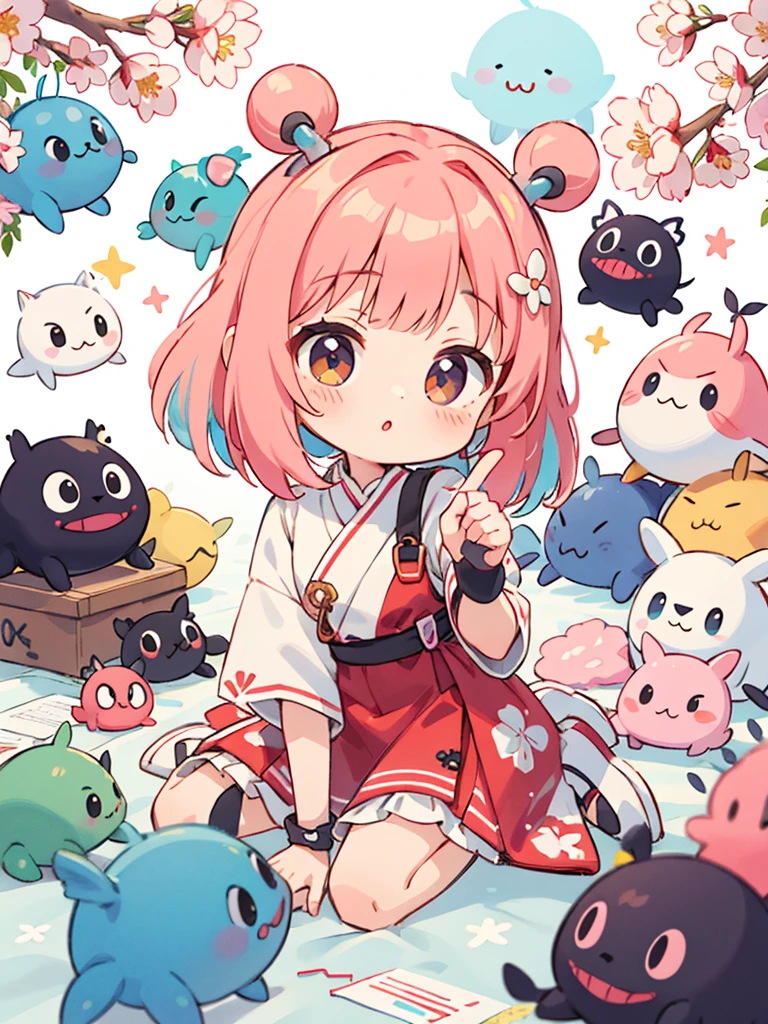 Watase Seizo Sakura Style, Kawaii Design, most beautiful girl ever、Chibi, Colorful bob hair、((Lots of monkeys))、amusement park