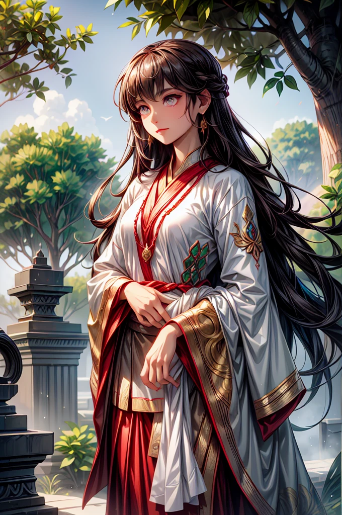 A powerful Hindu Sanatani woman, resplendent in traditional attire, stands majestically amongst the sacred Neem trees, surrounded by sacred religious scripts and ornate temple artifacts, giving off an air of serene resilience within the Anime & Comic Book style.