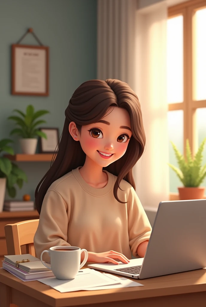 A cute girl taking benefits of using mobile by having online classes by sitting on the table
