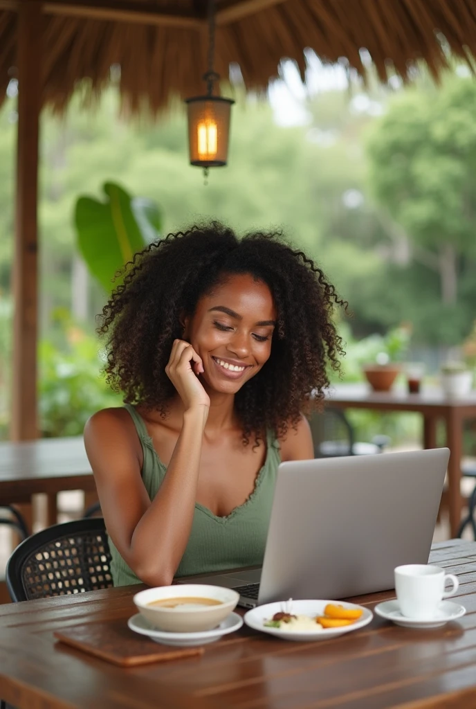 A Brazilian woman in an open place sitting around a table having breakfast and using a laptop