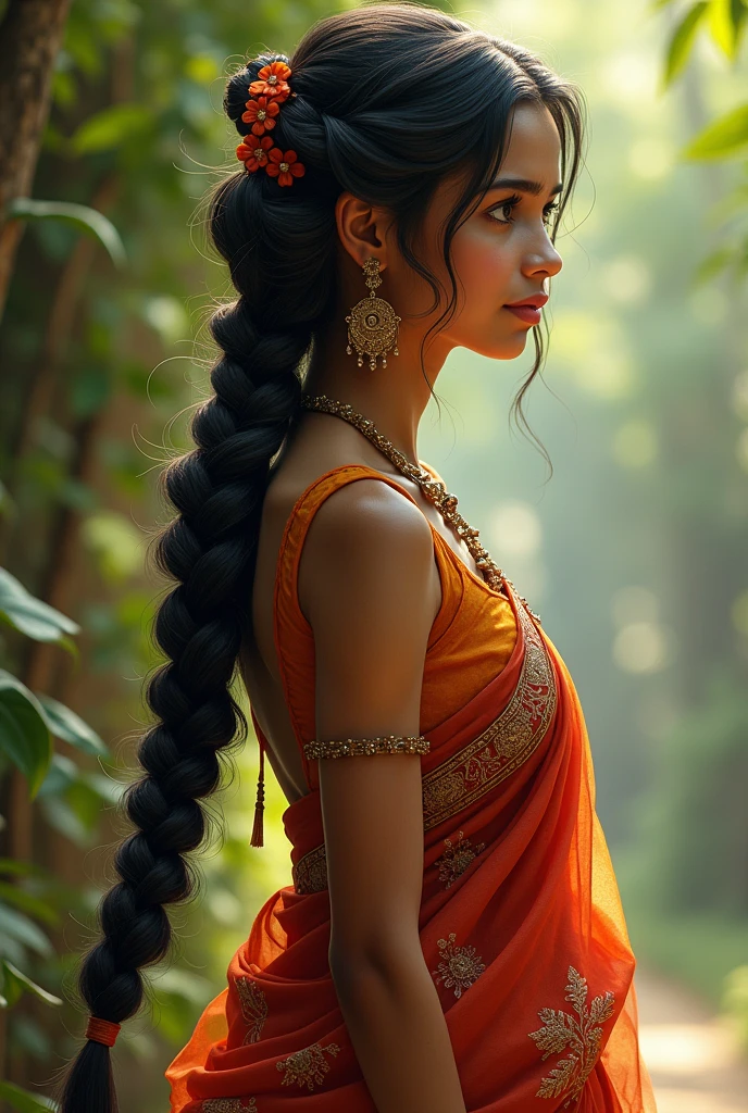Can you create a girl with long hair braided and Indian standing wearing saree 
