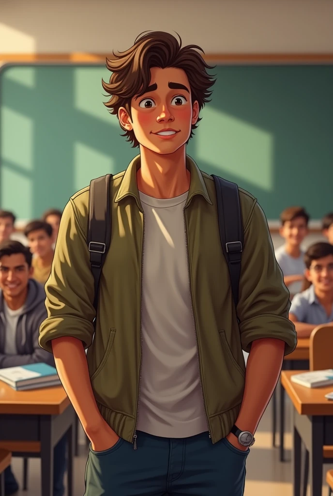 A Mexican man on his first day of university, The brown-haired man in his 20s in a classroom without a beard and a little chubby