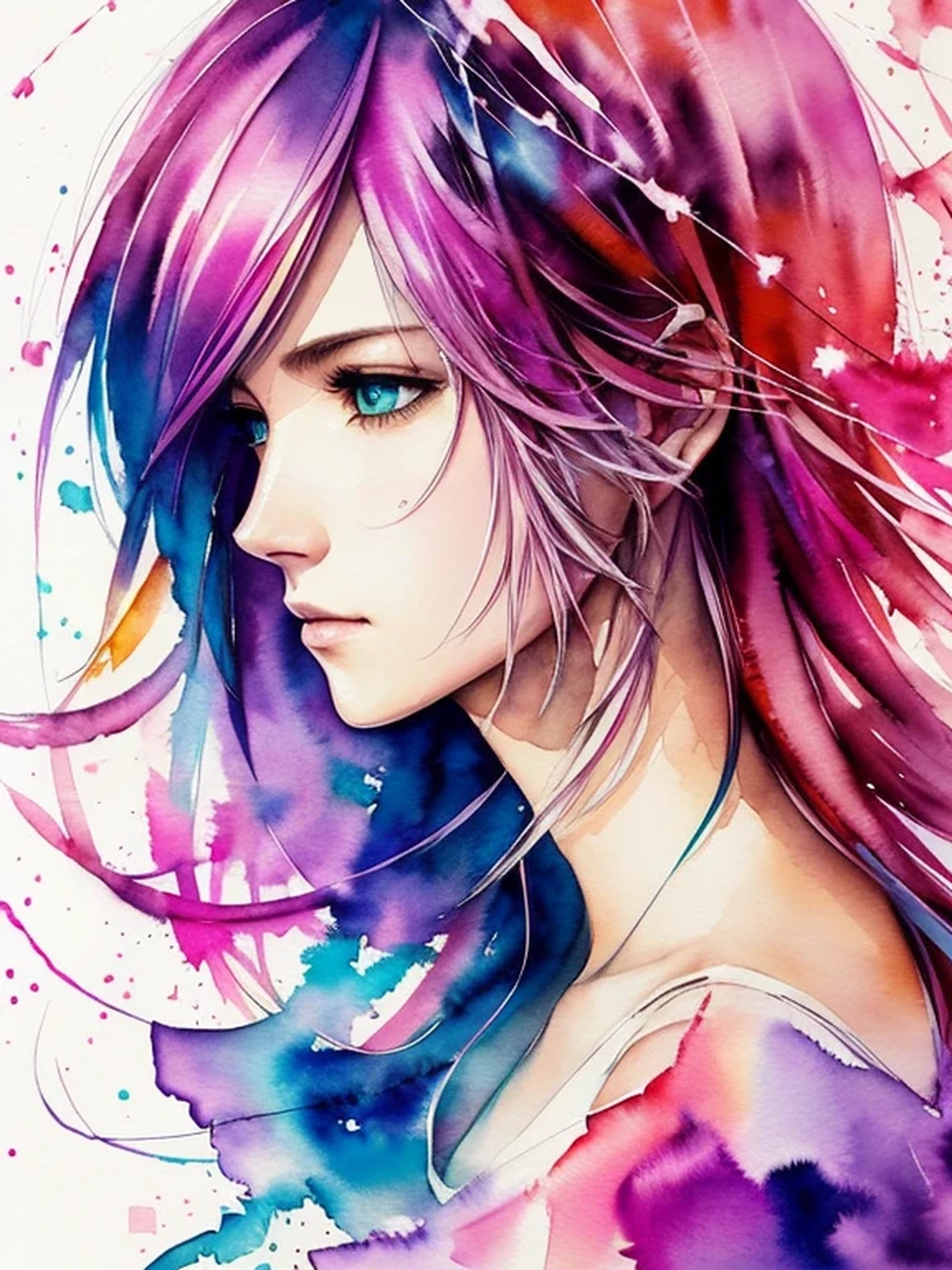 The image you uploaded features a striking portrait of a woman with vibrant, abstract colors. The artwork prominently uses shades of pink, blue, and black with a splash of white. The woman’s face is detailed with expressive eyes, high cheekbones, and defined lips. The painting style includes dynamic brush strokes and splatters, creating an energetic and modern look.