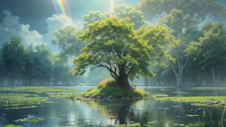 There is only a lake with no end in sight and a single tree., In the middle of the lake, you can see an incredibly huge white tree that seems to reach the sky.. On the branches of the trees, there are shining green leaves. In the sky, there are rainbow-colored clouds and shooting stars falling, It is reflected in the lake. Rain falls on the lake. Ripples from the raindrops exist. Overwhelming scale