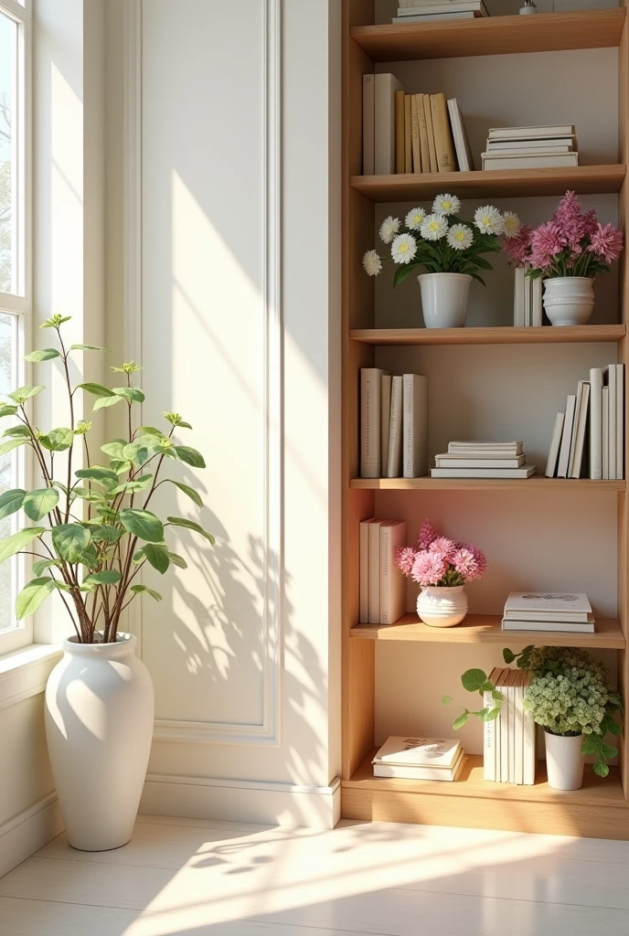 A beautiful room painted cream and white with beautiful flowers and book shelf