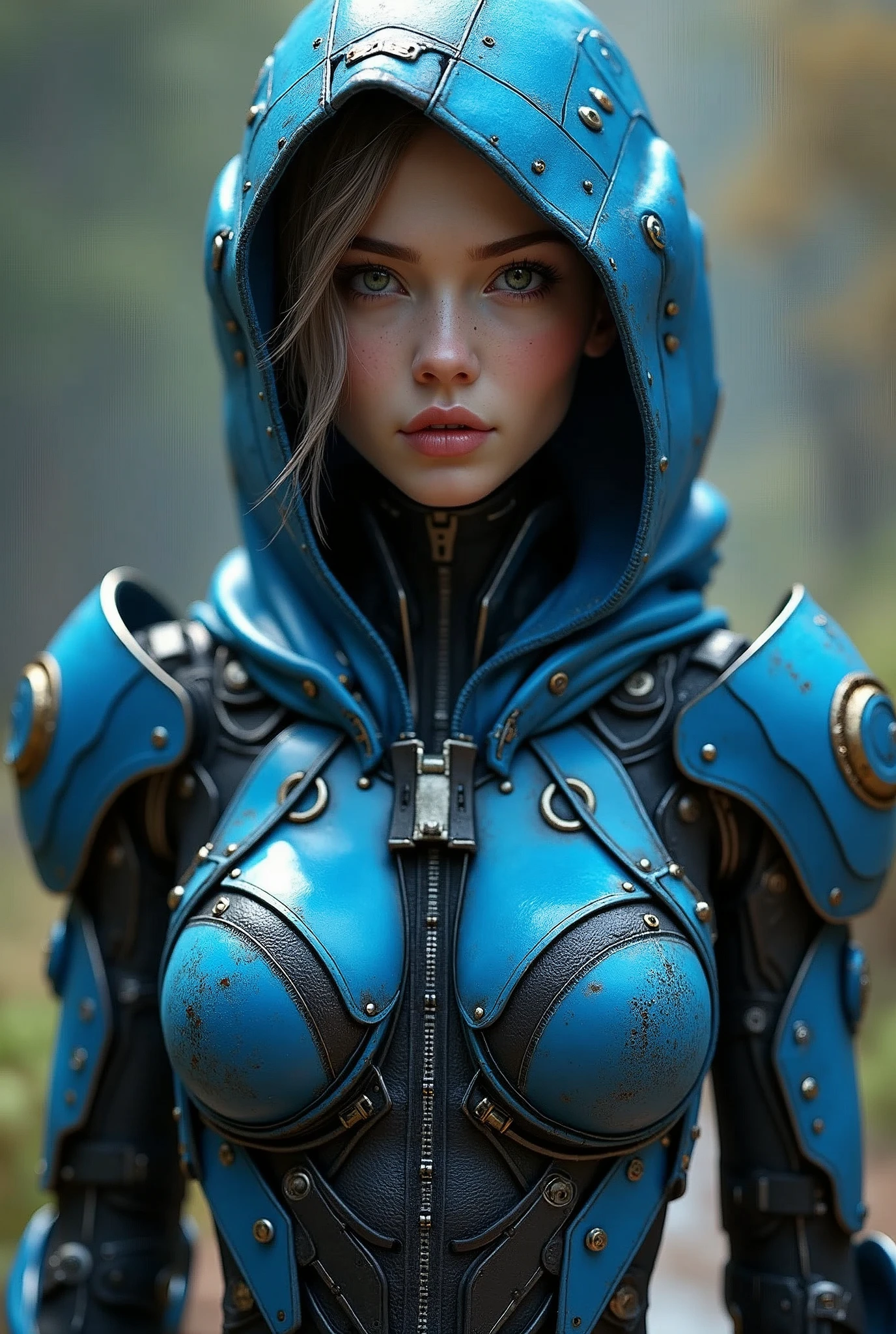 score_9, score_8_up, score_7_up, Wear blue and black mechanical clothing, Wonders of the machine, cyber, Cybernetic Guardian, Futuristic Armor, whole body, Front pose, Symmetric, Complex (Steel Metal [rust]), joint, Warframe style, cyborg, Female body armor, (Best Quality, 4K, 8K, High Definition, Masterpiece:1.2), (Ultra Detailed, Realistic, Photorealistic:1.37), detailed fractal patterned skin, cute lips, Bioluminescence, dark aura