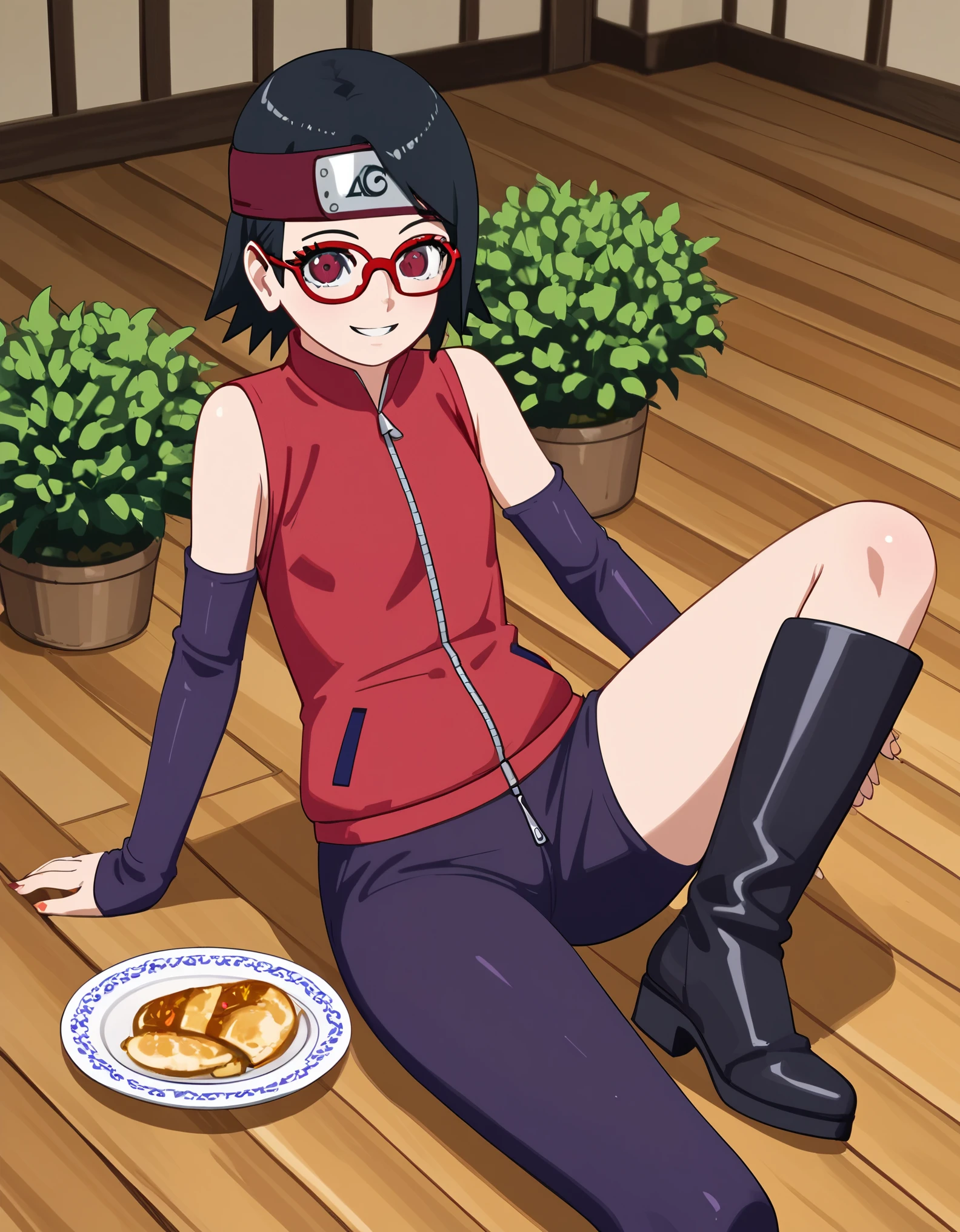 Anime-style illustration featuring a young female Sarada Uchiha character with short black hair and fair skin. She is wearing a red sleeveless top with a zipper, purple arm warmers, and a red headband with a metallic plate displaying a symbol. The character is sitting on a wooden floor, with her legs extended forward, prominently displaying her bare feet in the foreground. Her facial expression is cheerful, with a slight smile and red-framed glasses. The background includes a wooden structure, green bushes, and a beige wall. There are black boots placed on the floor near her feet.anime, anatomicamente correto, super detalhado, alta qualidade, 4K