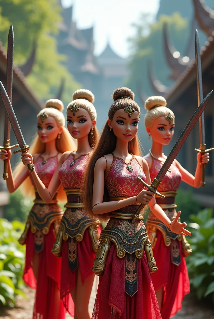 Four Barbies holding swords and wearing Bang Rajan costumes are at Bang Rajan.