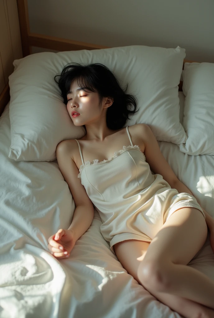 Ultra-high resolution, (Realistic: 1.4), RAW Photos, highest quality, (Realisticistic), concentrate, Soft Light, ((28 years old)), ((Japanese)), (front, Young Face))), (Written boundary depth), (one piece), masterpiece, (Realistic), woman, short hair、Black Hair, Bedroom, Small breasts、Small breasts、Sleep on your back:1.5、pajamas:1.5、pajamas、whole body、barefoot