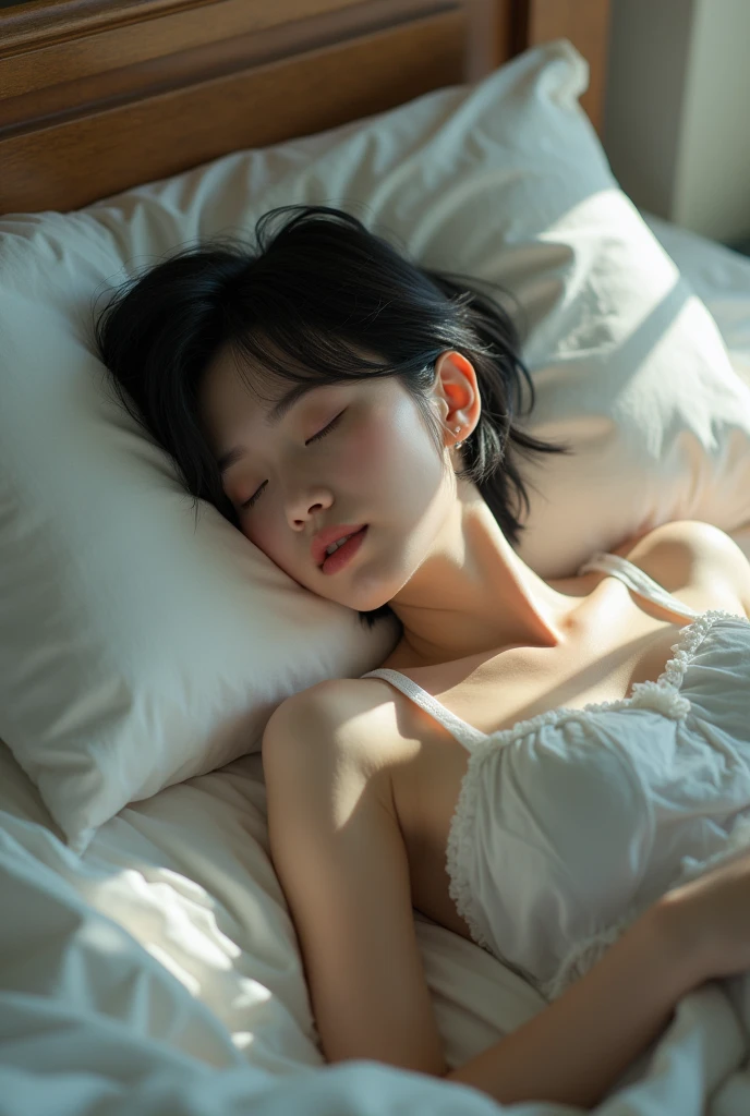 Ultra-high resolution, (Realistic: 1.4), RAW Photos, highest quality, (Realisticistic), concentrate, Soft Light, ((28 years old)), ((Japanese)), (front, Young Face))), (Written boundary depth), (one piece), masterpiece, (Realistic), woman, short hair、Black Hair,  Bedroom, Small breasts、Small breasts、Sleep on your back:1.5、pajamas:1.5、pajamas、whole body、barefoot