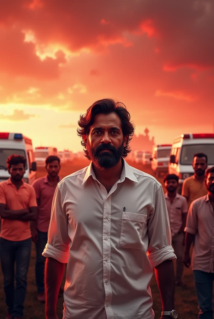 A person with dark hair and beard giving free real ambulances to tamilnadu people's wearing white shirt background dramatic sky red shade standing in field of people poster design