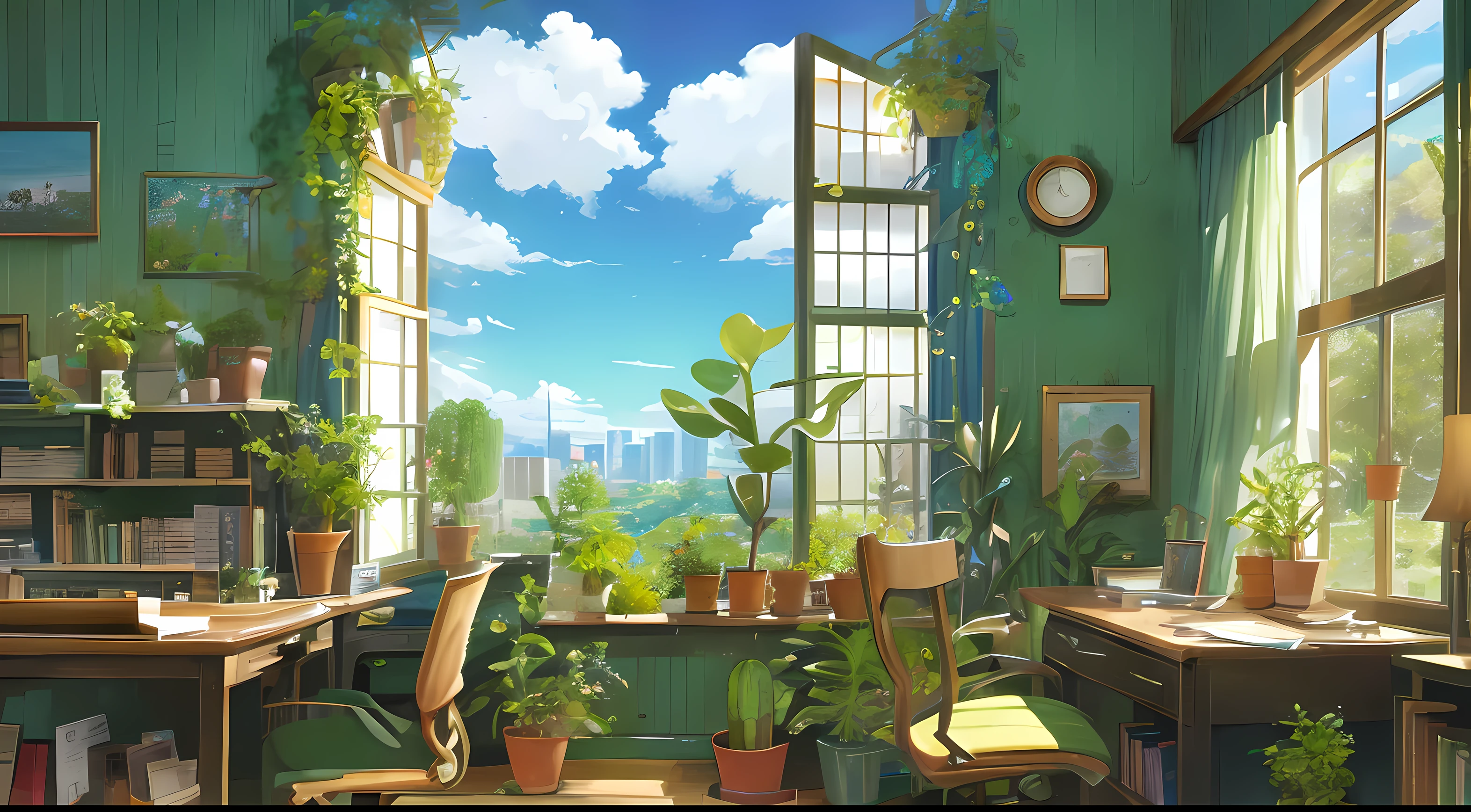 a desk, Green Plants, Panoramic windows with a view of nature, blue sky very detailed, Intricate detailing, Objects such as monitor keyboard, 4 pictures on the wall, Container with succulents, Books, Astrolabe, Cacti in pots, im Anime-Stil von Ghibli