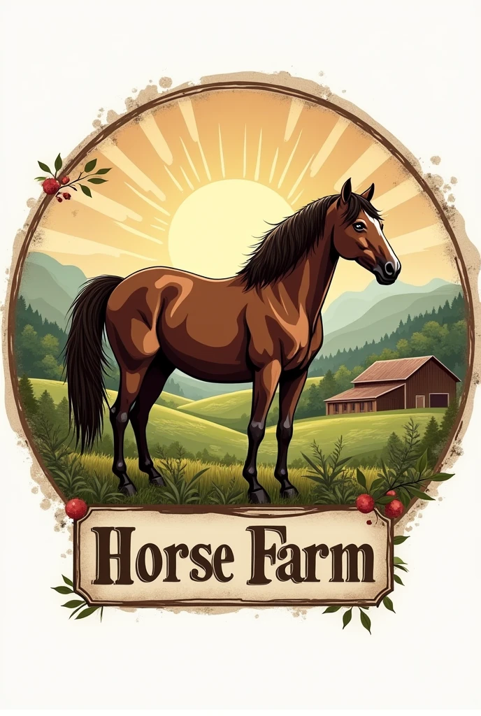 A circular logo with a farm, zaun, a sun behind and a horse in front, name below Rural Day old school style
