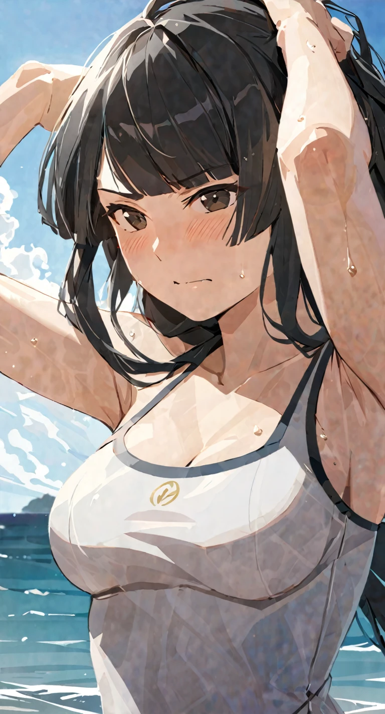 masterpiece,best quality, solo, eda, bangs, black hair, upper body,blue sky,cloud, shy expression, medium breast, hot, thicc, swimsuit , ocean, water, she is tying her hair, she is shy, embarrassed , she is embarrassed, dynamic pose, close shot, upper body,m, dynamic pose, trying hard, serious face, her chest is getting bigger 