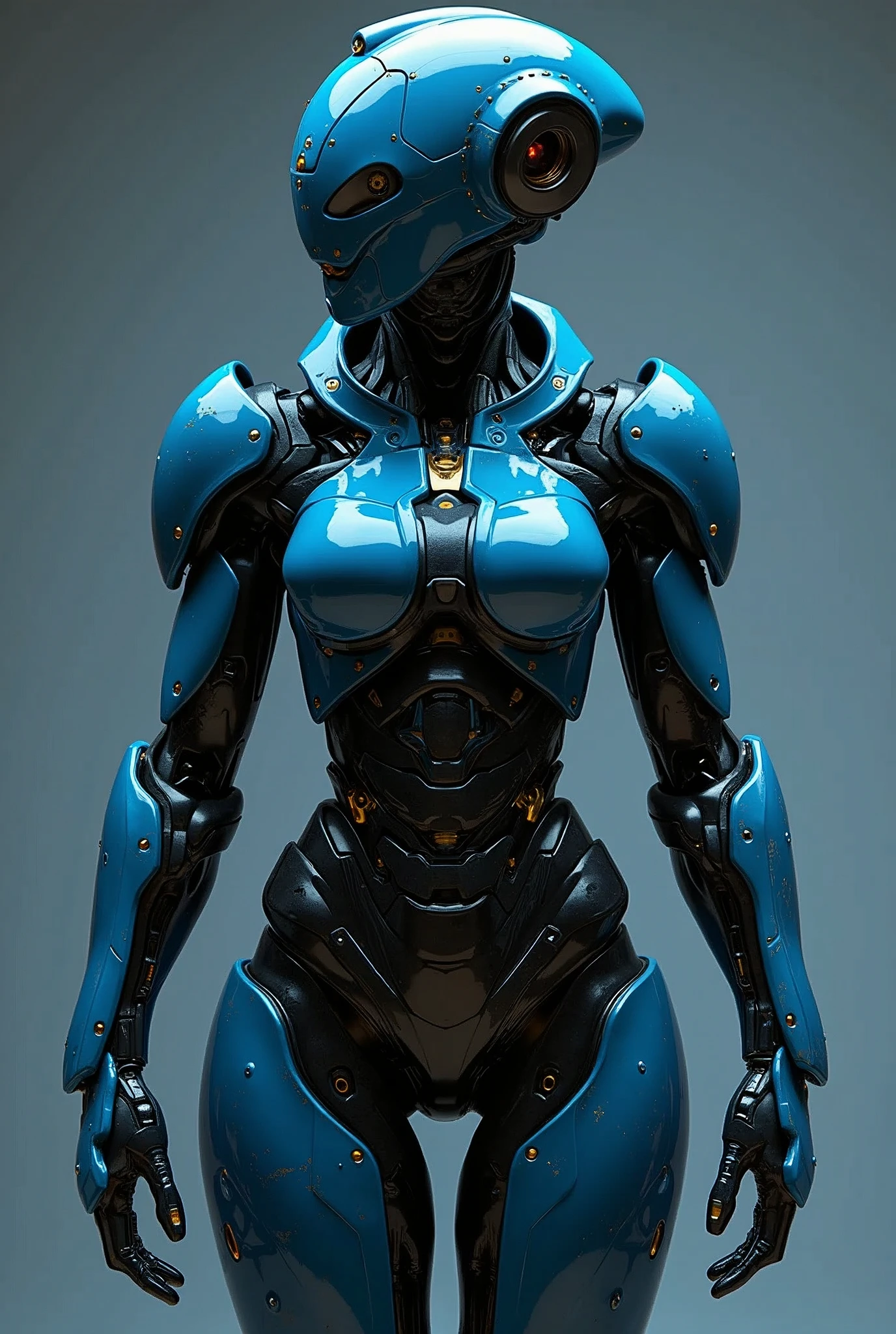score_9, score_8_up, score_7_up, Wear blue and black mechanical clothing, Wonders of the machine, cyber, Cybernetic Guardian, Futuristic Armor, whole body, Front pose, Symmetric, Complex (Steel Metal [rust]), joint, Warframe style, cyborg, Female body armor, (Best Quality, 4K, 8K, High Definition, Masterpiece:1.2), (Ultra Detailed, Realistic, Photorealistic:1.37), detailed fractal patterned skin, cute lips, Bioluminescence, dark aura