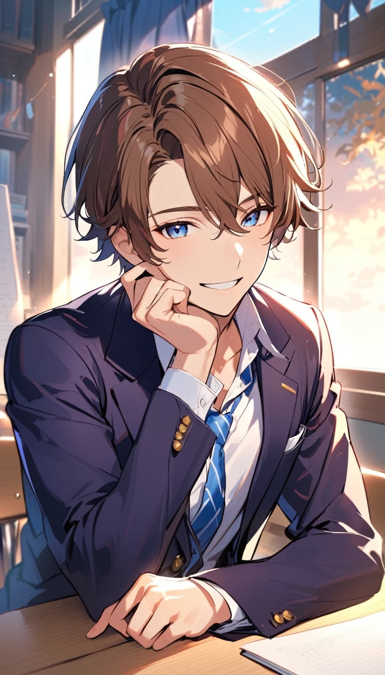  a handsome boy, Brown Hair, Short Hair, smile,blazer,Blue tie, high school student
