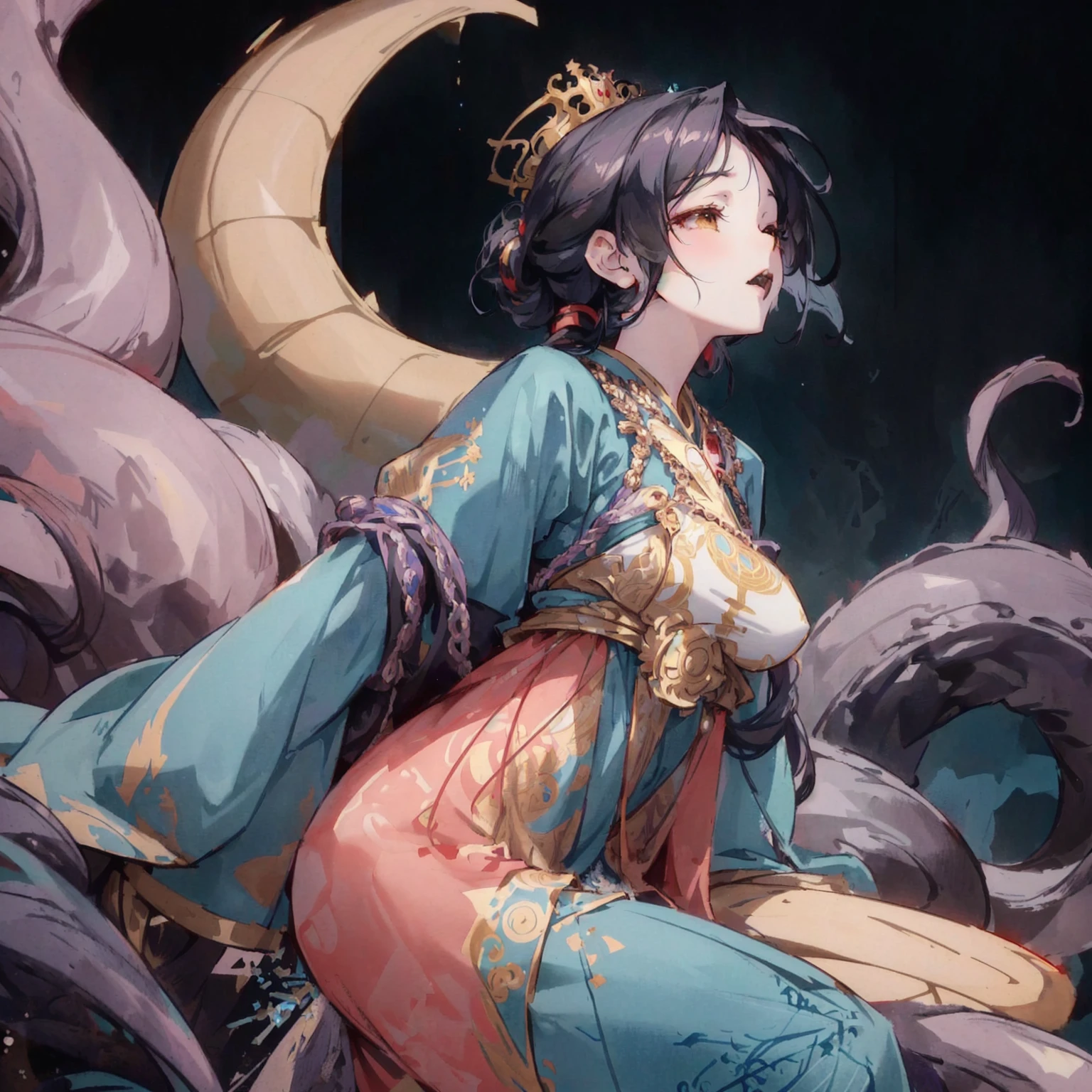 An anime girl is sitting on a giant octopus.,Wearing a crown on his head, 2. 5D CGI anime fantasy artwork, Gu Weiss, guys, Alphonse Mucha and Ross Draghi, Anime fantasy illustration, artwork in the style of Gu Weiss, Artjem and Nguyen Gia, Popular on cgstation, Onmyoji detailed art