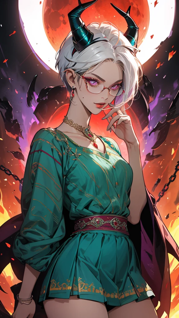 8k, masterpiece, best quality, highly detailed, 1 girl, tiefling, warlock, pixie cut, multicolored hair, very short straight hair red highlight hair on white hair, strippled hair, wearing glasses, round glasses, earrings, navel piercing, red eyeshadow, long eyelashes, blushed cheek, red lips, pearl necklace, rings, collarbone, mole on face, glamorous, teal and purple clothes, miniskirt, smirk, close up view, rings, looking at viewer, demon horns, solo, blood red moon, standing, royal dress, chains, firing fire blast