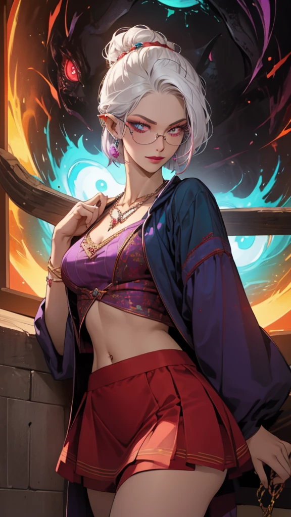 8k, masterpiece, best quality, highly detailed, 1 girl, tiefling, warlock, pixie cut, multicolored hair, very short straight hair red highlight hair on white hair, strippled hair, wearing glasses, round glasses, earrings, navel piercing, red eyeshadow, long eyelashes, blushed cheek, red lips, pearl necklace, rings, collarbone, mole on face, glamorous, teal and purple clothes, miniskirt, smirk, close up view, rings, looking at viewer, demon horns, solo, blood red moon, standing, royal dress, chains, firing fire blast